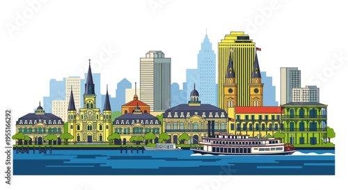 New Orleans Skyline with Mississippi River Steamboat and Historic Architecture