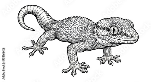 Detailed Black and White Illustration of a Gecko Lizard on a White Background