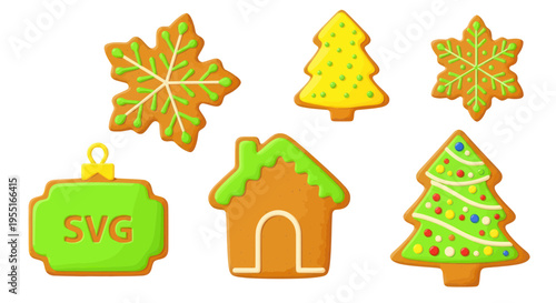 Christmas Gingerbread Cookies Collection: Tree, Snowflake, Maple Leaf, House, Bauble
