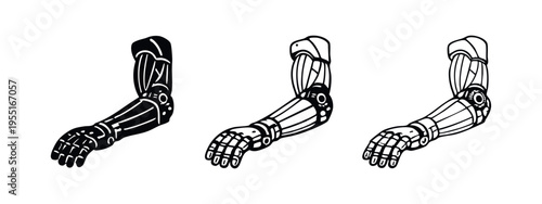 Robotic arm icon set. Bionic prosthesis, futuristic technology, cybernetic hand.