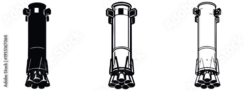 Heavy-lift rocket icon set. Space launch vehicle, booster, propulsion system.