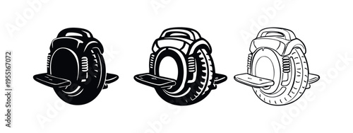 Modern electric unicycle icon set. Urban personal mobility, self-balancing scooter.