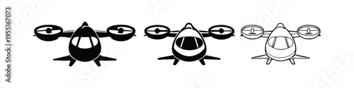 Futuristic VTOL aircraft icon set. Sleek flying car concept, air mobility solution.