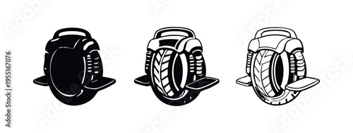 Electric unicycle icon set. Personal mobility device, self-balancing transporter.