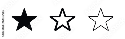 Star icons set in various styles. Rating, favorite, and quality symbol collection for reviews and achievements.