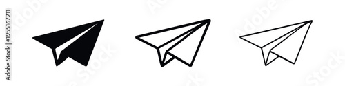 Paper airplane icons set. Send message and delivery symbols in different styles for digital communication.