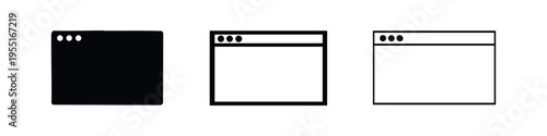 Browser window icon set. Web page, application, internet interface symbol in different styles. Vector illustration.
