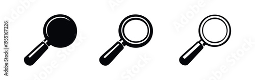 Magnifying glass icon set. Search, zoom, find symbol in different styles. Loupe vector illustration.