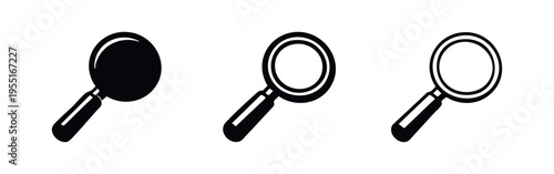 Magnifying glass icon set. Search, zoom, find symbol in different styles. Loupe vector illustration.