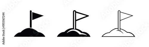 Flag on a hill icon set. Goal, success, achievement symbol in different styles. Target vector illustration.
