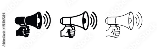 Hand Holding Megaphone with Sound Waves Icon Set