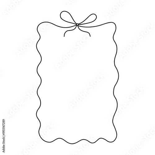 Wavy frame with cute bow in coquette style. Hand-drawn minimalist border design perfect for planners, invitations, notes, social media graphics, and digital scrapbooking. Isolated on white