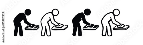 Worker Applying Mortar or Adhesive with Trowel Icon Set