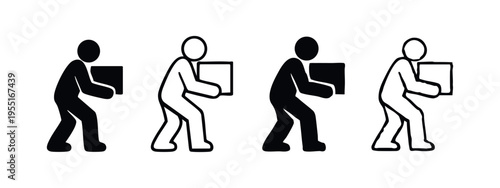 Stick Figure Icon of Person Carrying a Heavy Box - Delivery, Moving, or Work Concept