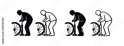 Person inflating bicycle tire with pump icon set