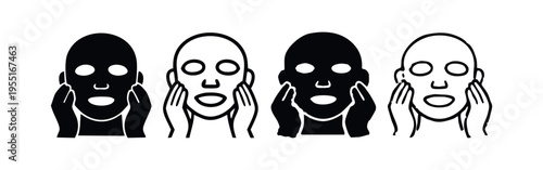 Person applying facial sheet mask icon set for skincare routine