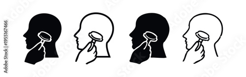 Head and hand using facial roller on cheek icon set for beauty and self-care