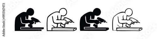 Person using nail gun or staple gun on wood icon set for carpentry