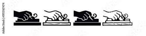 Hand using woodworking hand plane icon set for carpentry
