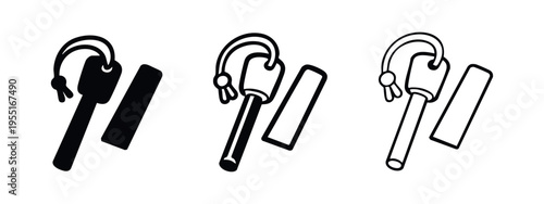 Ferro rod fire starter icon set. Magnesium survival tool silhouette and outline vector illustration.