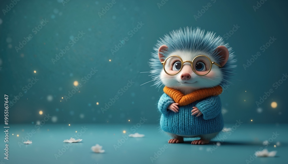 Obraz premium Cute hedgehog wearing blue sweater and orange scarf. Small animal with glasses looking at camera. Soft blue background with bokeh lights. Copy space.