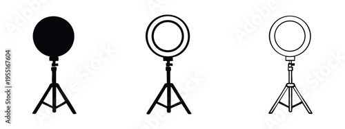 Ring Light on Tripod Icon Set - Photography and Videography Studio Lighting Vector Illustration