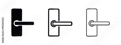 Curved Door Handle Icon Set: Elegant Lever Design in Solid and Outline Doodle Styles
