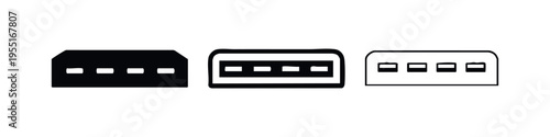 USB hub icon set, multi-port adapter for connecting devices in various styles
