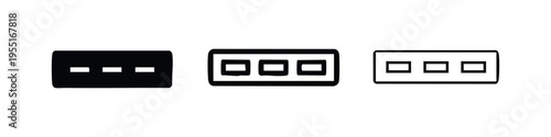 USB port icon set, universal serial bus connector symbol in three different styles
