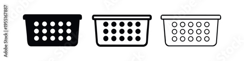 Laundry Basket Icon Set. Outline and glyph vector symbols for a clothes hamper or washing basket, isolated on white background.