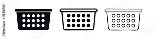 Laundry Basket Icon Set. Outline and glyph vector symbols for a clothes hamper with holes, isolated on white background.