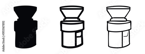 Coffee Grinder Icon Set. Outline and glyph vector symbols for manual coffee or spice mill with handle, isolated on white background.