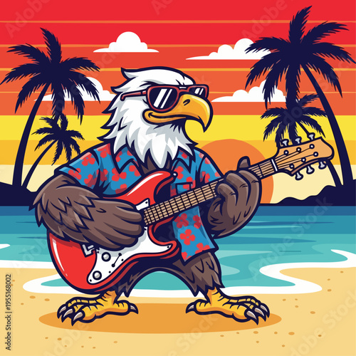 Eagle Playing Electric Guitar on Beach.