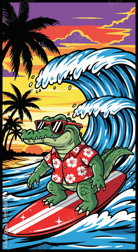 Crocodile Wearing Sunglasses Surfing on Board.