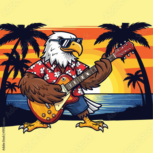 Eagle Wearing Sunglasses Plays Electric Guitar.