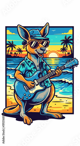 Kangaroo Playing Electric Guitar on Beach.