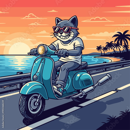 Cat Riding Scooter on Roadway.