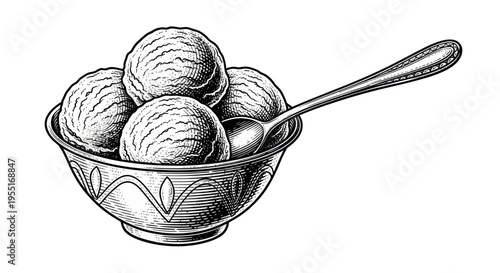Vintage Ice Cream Sundae in Bowl with Spoon, Black and White Engraving Style