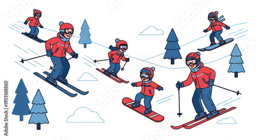 Cartoon family skiing and snowboarding down snowy mountain slopes with trees