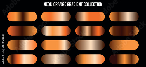 Neon Orange Gradient Collection Vector Set with 16 Metallic Color Swatches for Design Elements