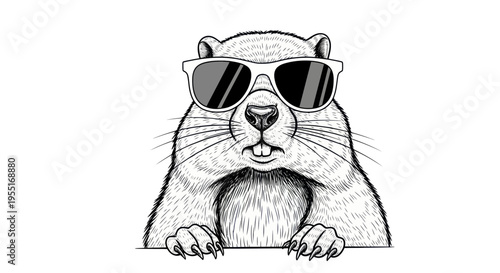 Cool Groundhog Wearing Sunglasses, Peeking Over Edge, Black and White Drawing