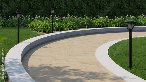 Serene Garden Pathway with Elegant Lighting, Perfect for Landscaping and Outdoor Decor Inspiration
