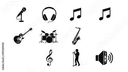 Collection of Musical Instrument and Audio Equipment Icons, including Microphone, Headphones, Guitar, Drums, Saxophone, Music Notes, and Speaker