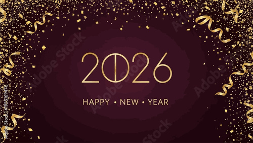 Glistening golden confetti and flowing ribbons elegantly decorate a rich maroon background, celebrating the joyous arrival of the New Year 2026 with sparkling splendor and future promise