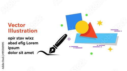 Abstract shapes and a pen creating a line on a white background, vector illustration art