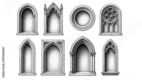 Collection of gothic architectural niches and decorative window frames in black and white line art illustration
