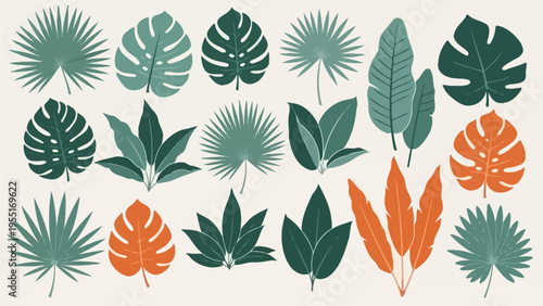 Collection of various tropical leaves in different colors and shapes, perfect for graphic design and nature-themed projects
