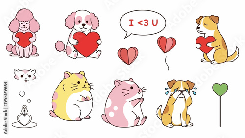Charming Vector Collection of Adorable Pet Illustrations Dogs and Hamsters Expressing Love and Affection with Hearts, Perfect for Sweet Messages and Playful Designs