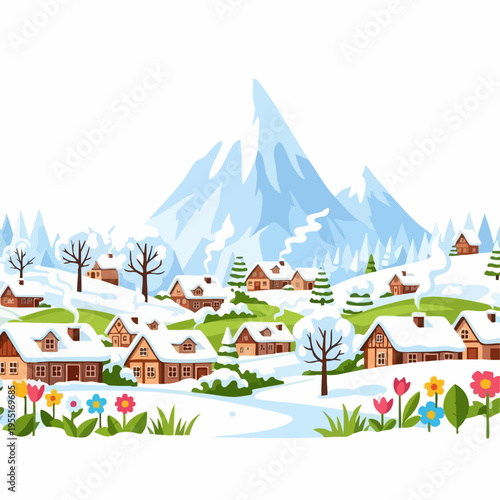 Illustration of Snowy Village with Houses and Mountains.