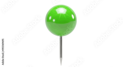 Vibrant green pushpin with a sharp metal point, perfect for office, school, or craft projects, isolated on a clean white background, symbolizing organization or important notes